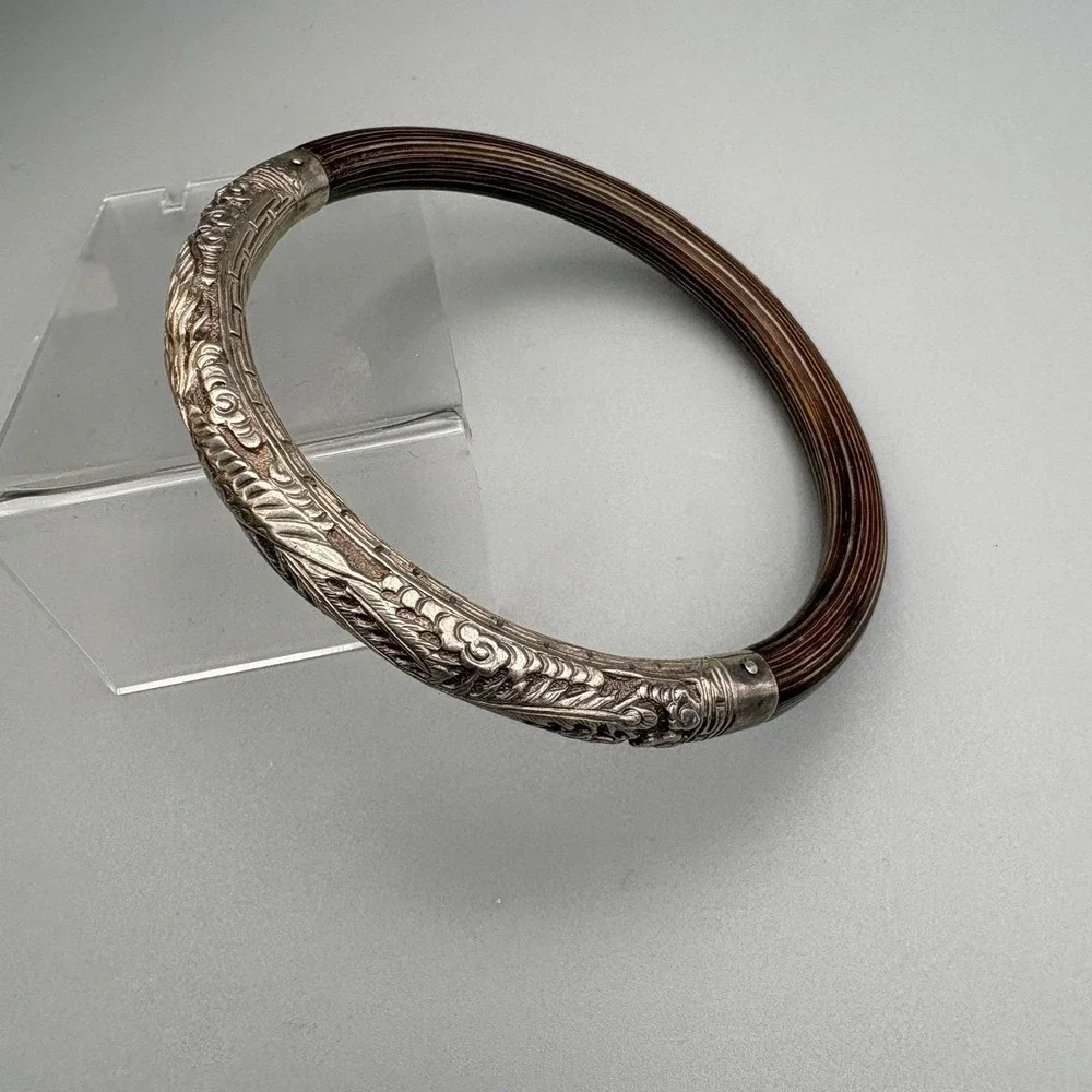Vintage Chinese Silver Bangle Rattan Phoenix Bamboo Wood 8.25